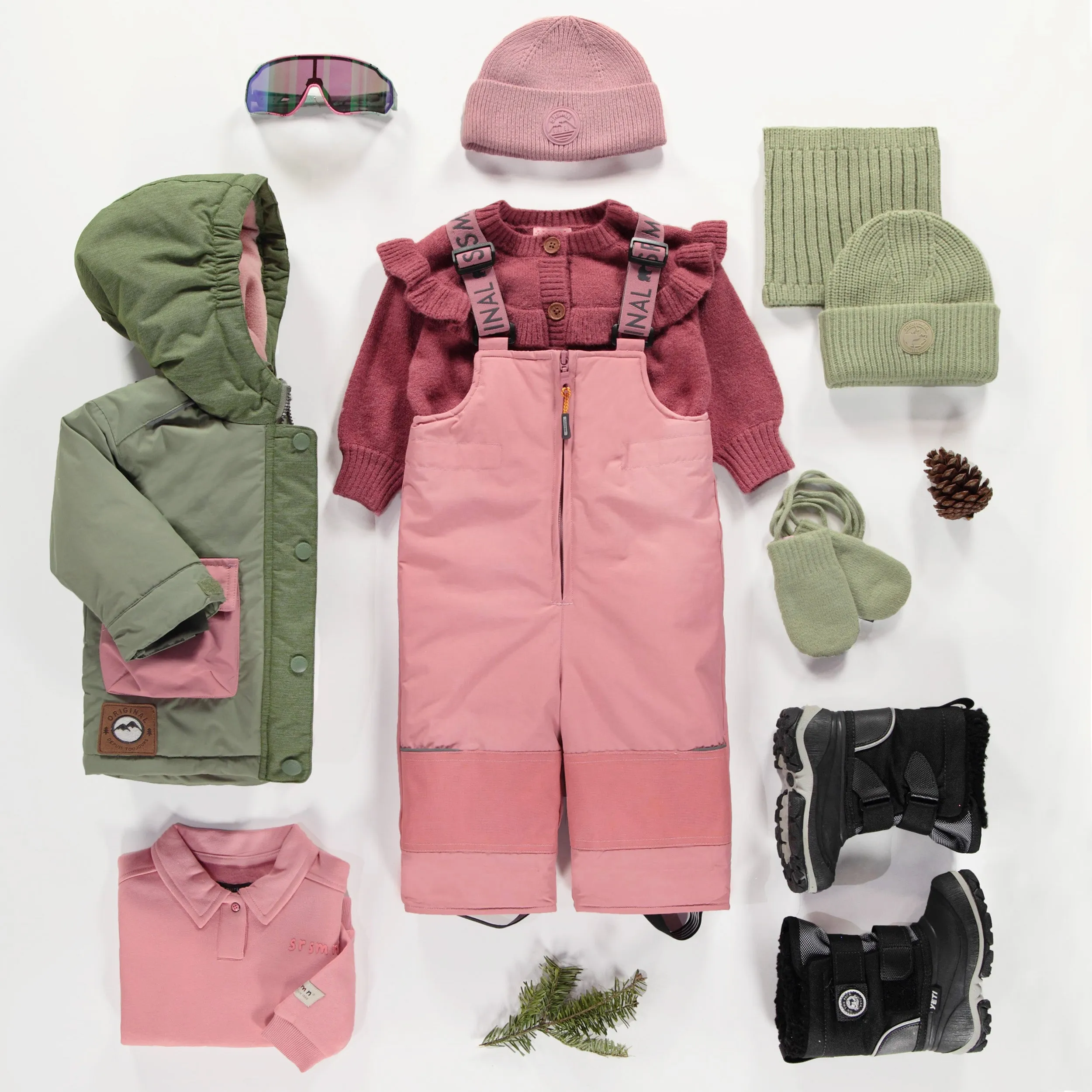 Habit de neige deux pièces vert et rose, bébé || Green and pink two-piece snowsuit, baby