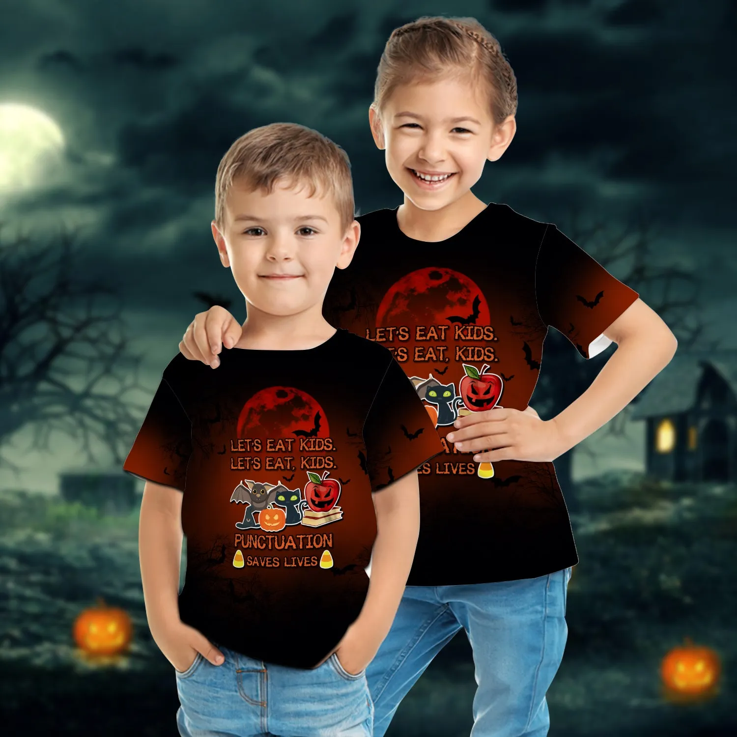 Halloween Is Comming Let’s Eat Kids Let’s Eat Kids Punctuation Saves Lives 3D Kid Tshirt 812 NA93