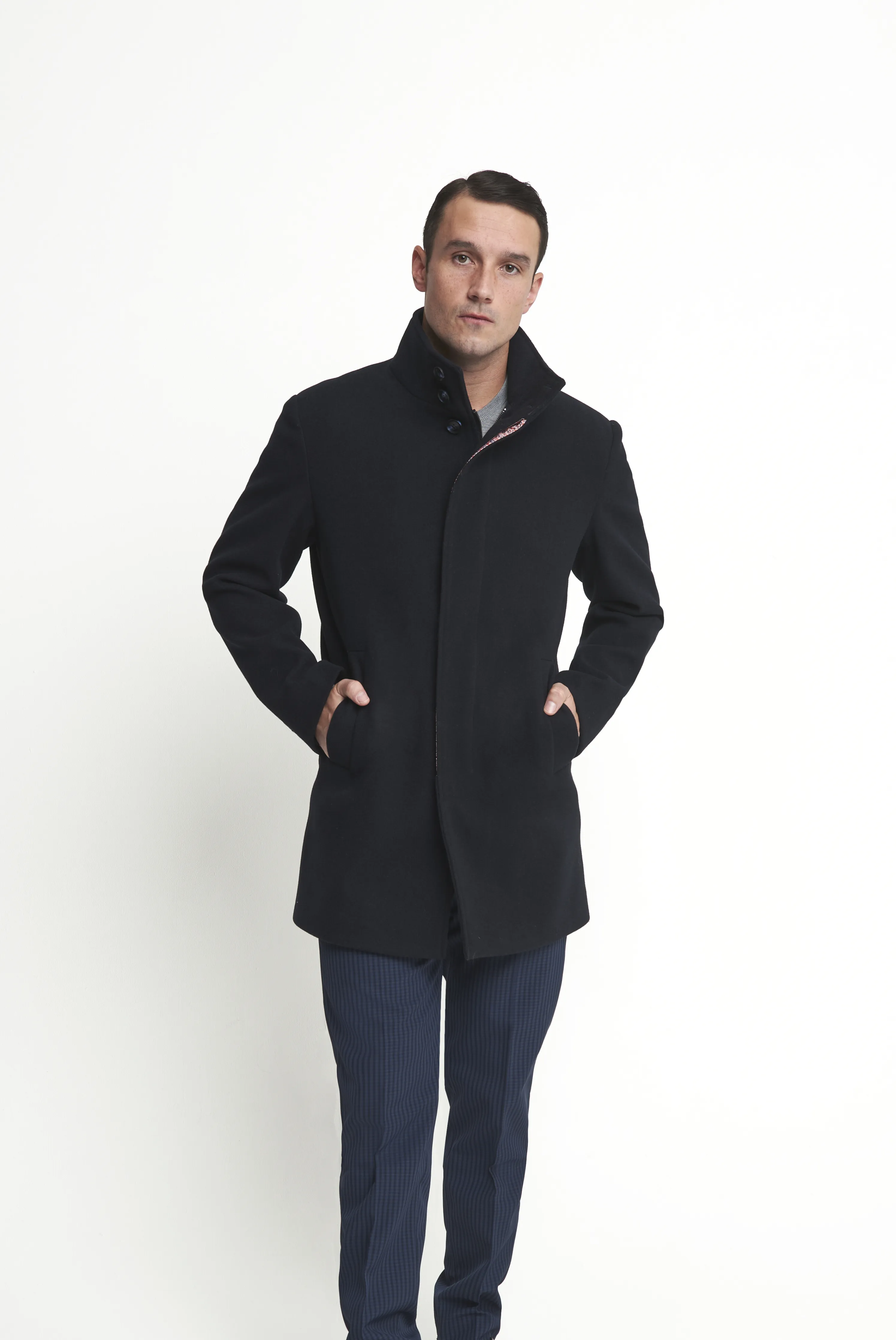 Harry Funnel Neck Coat in Navy