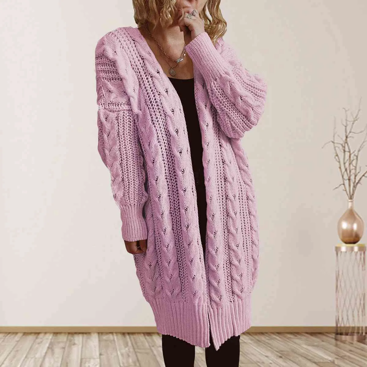 Hazel Blues® |  Cable-Knit Open Front Dropped Shoulder Cardigan