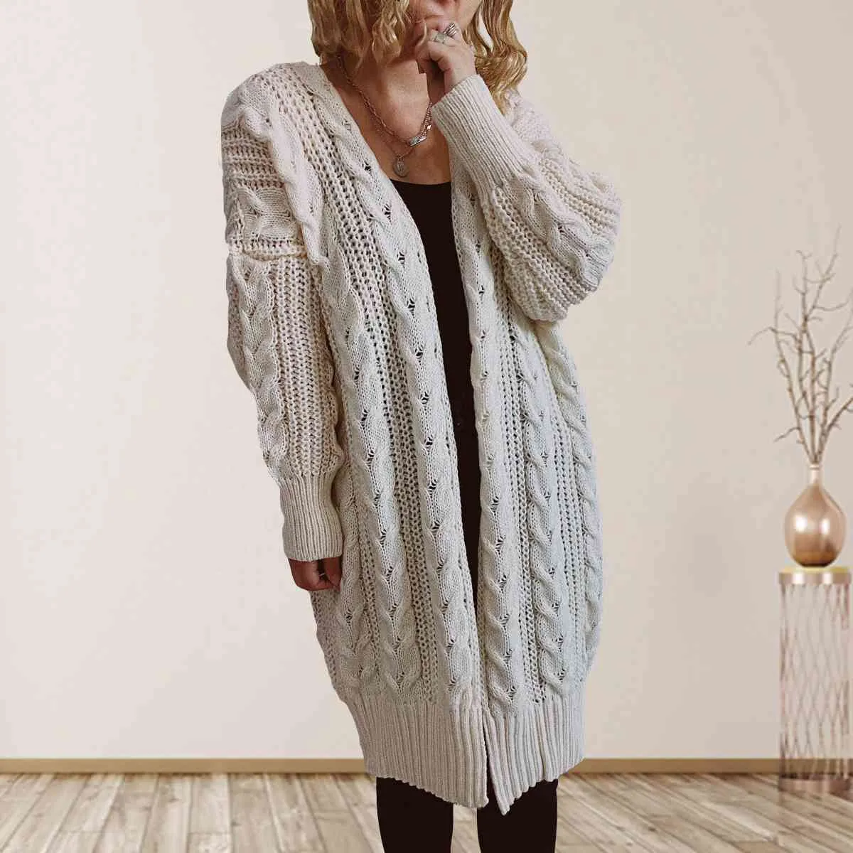 Hazel Blues® |  Cable-Knit Open Front Dropped Shoulder Cardigan
