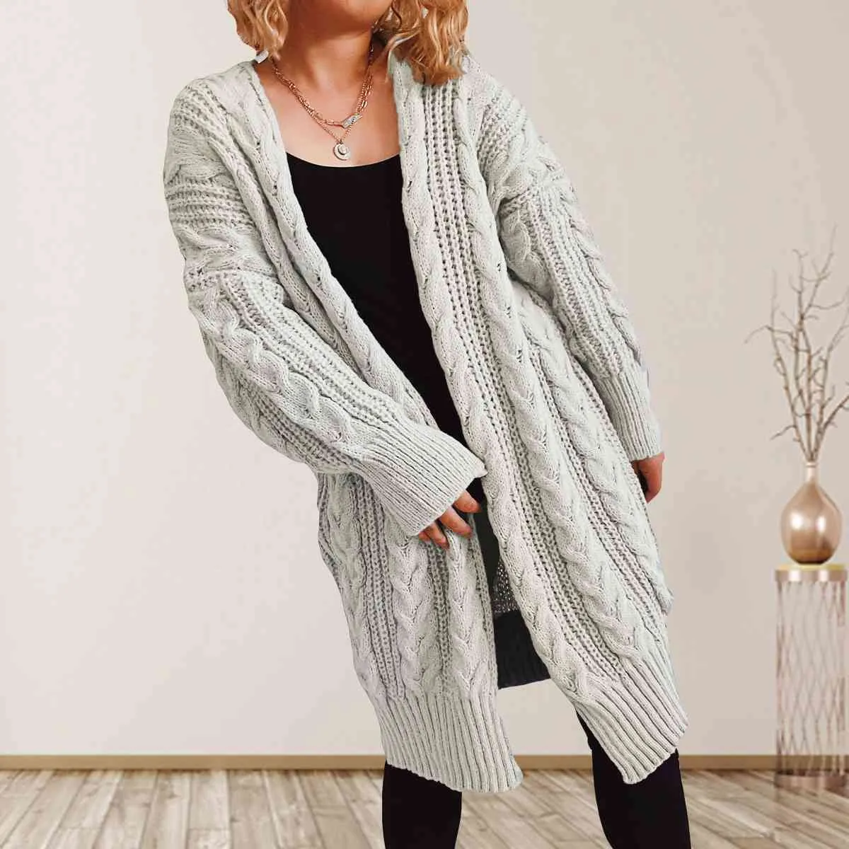Hazel Blues® |  Cable-Knit Open Front Dropped Shoulder Cardigan