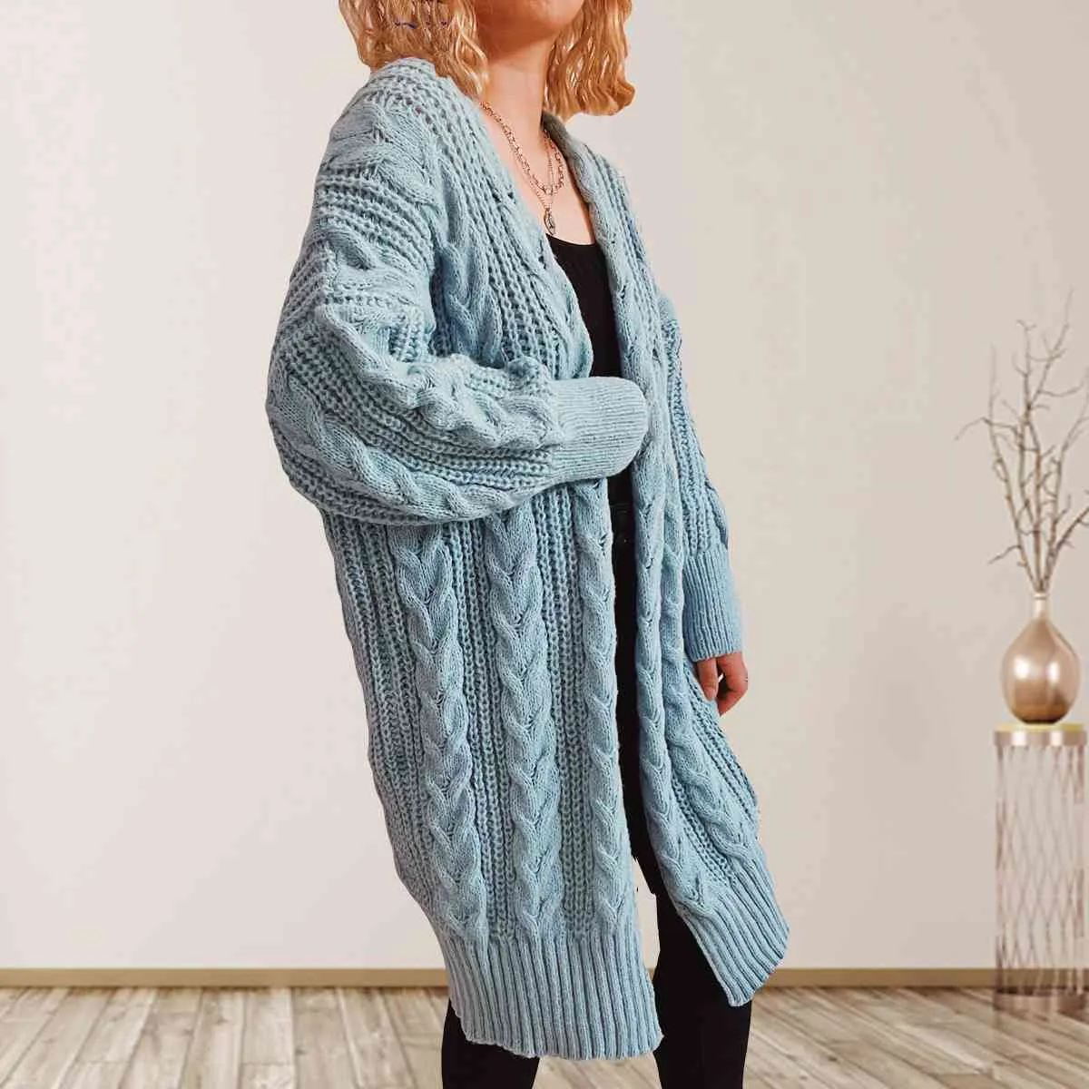 Hazel Blues® |  Cable-Knit Open Front Dropped Shoulder Cardigan