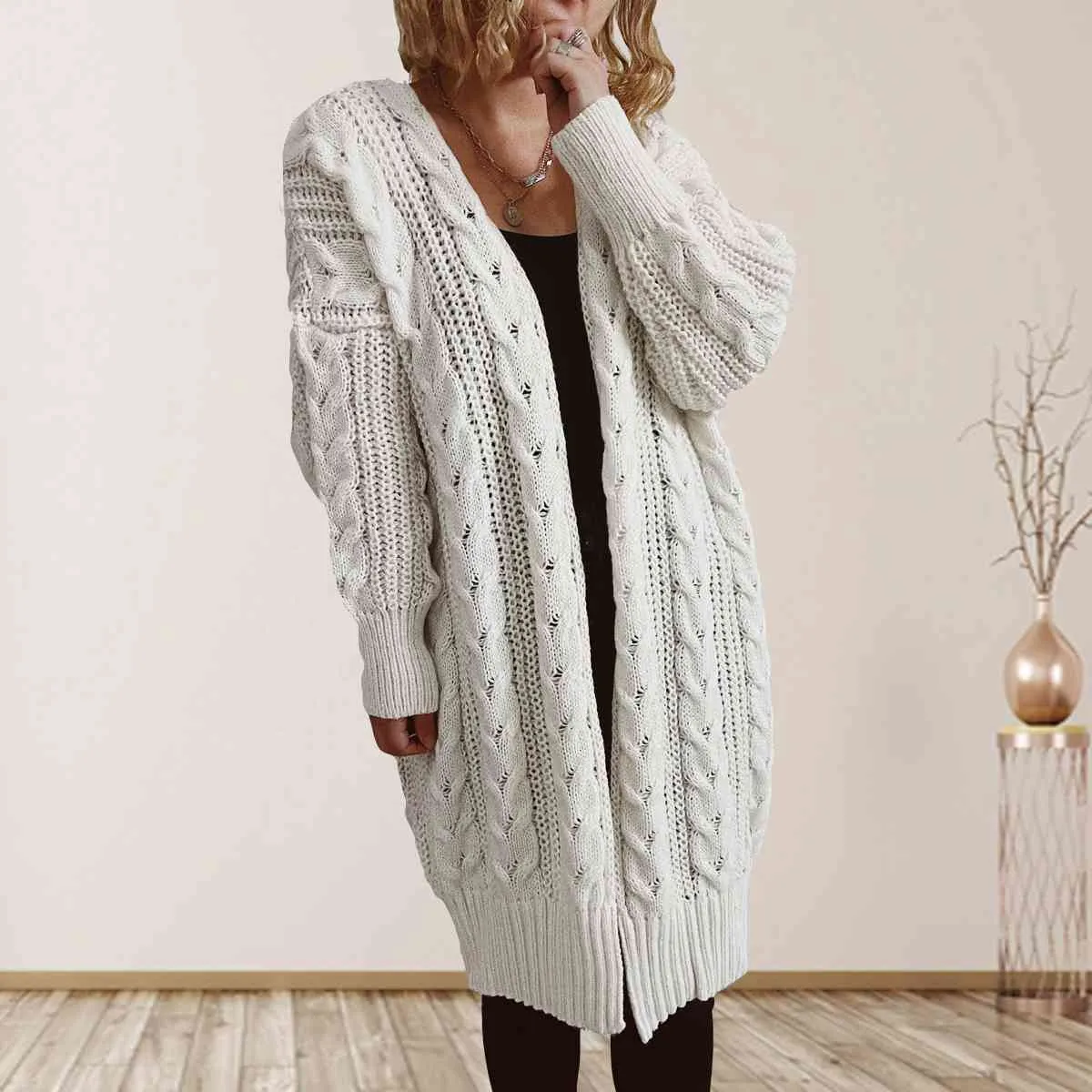 Hazel Blues® |  Cable-Knit Open Front Dropped Shoulder Cardigan