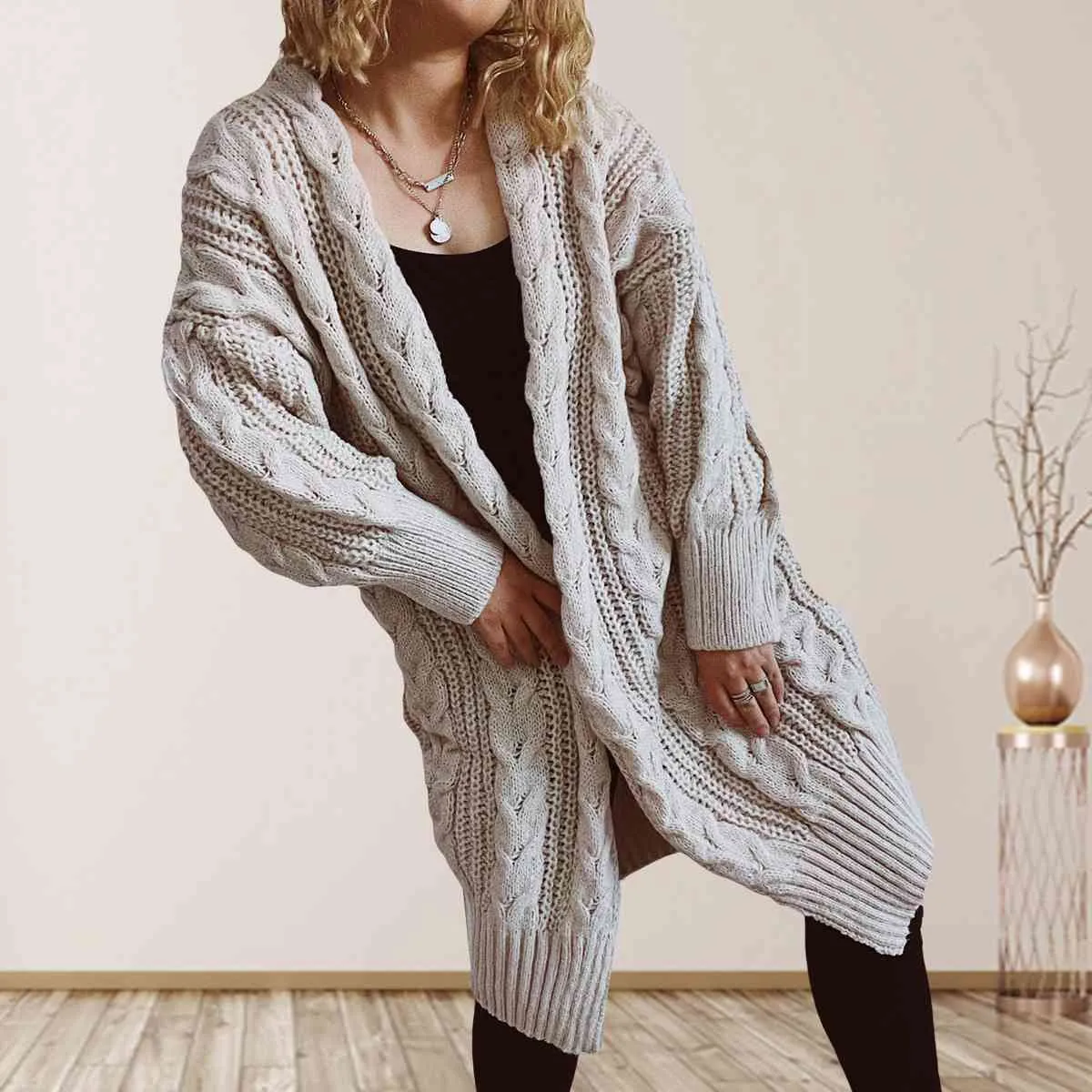 Hazel Blues® |  Cable-Knit Open Front Dropped Shoulder Cardigan