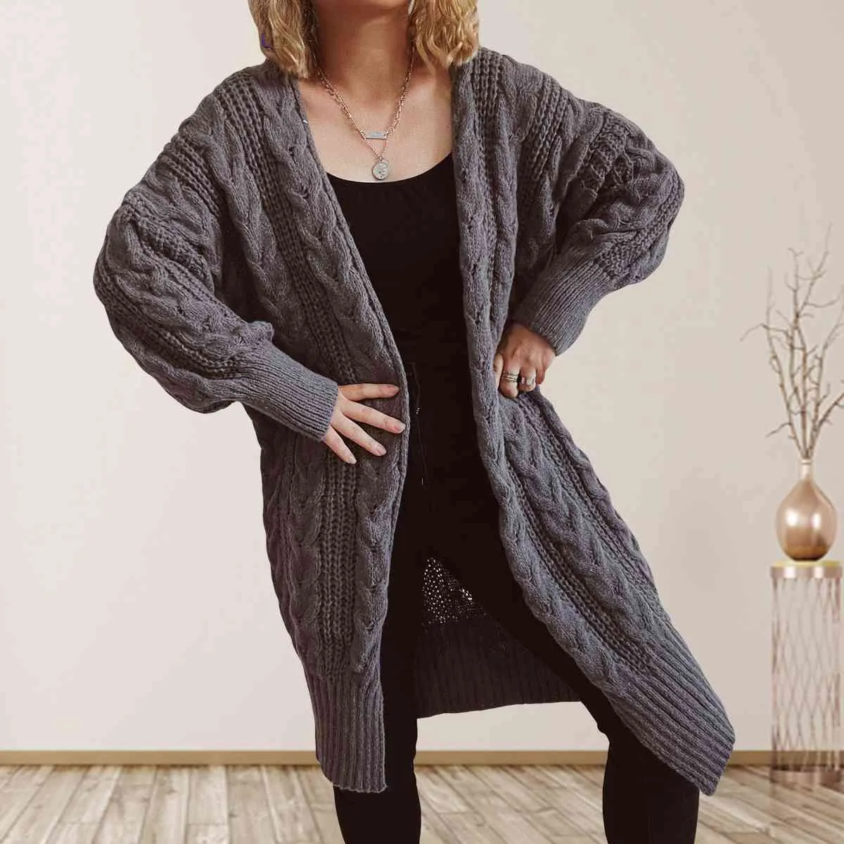 Hazel Blues® |  Cable-Knit Open Front Dropped Shoulder Cardigan