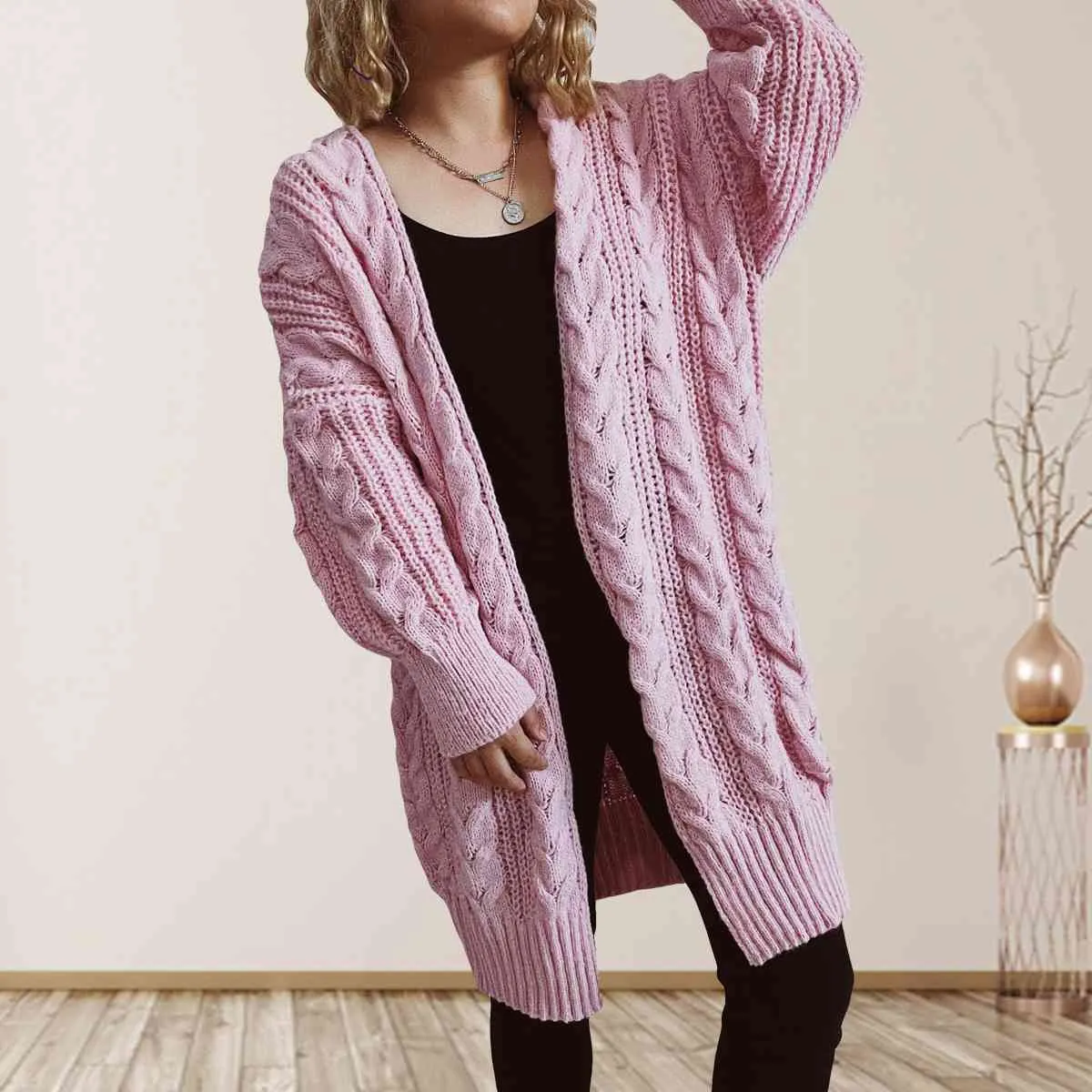 Hazel Blues® |  Cable-Knit Open Front Dropped Shoulder Cardigan