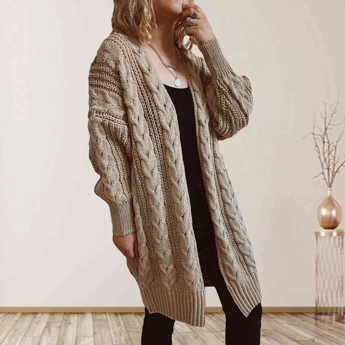 Hazel Blues® |  Cable-Knit Open Front Dropped Shoulder Cardigan