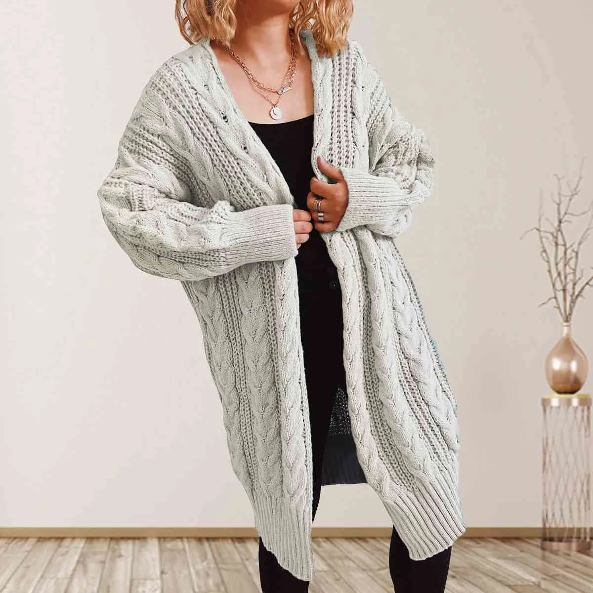 Hazel Blues® |  Cable-Knit Open Front Dropped Shoulder Cardigan