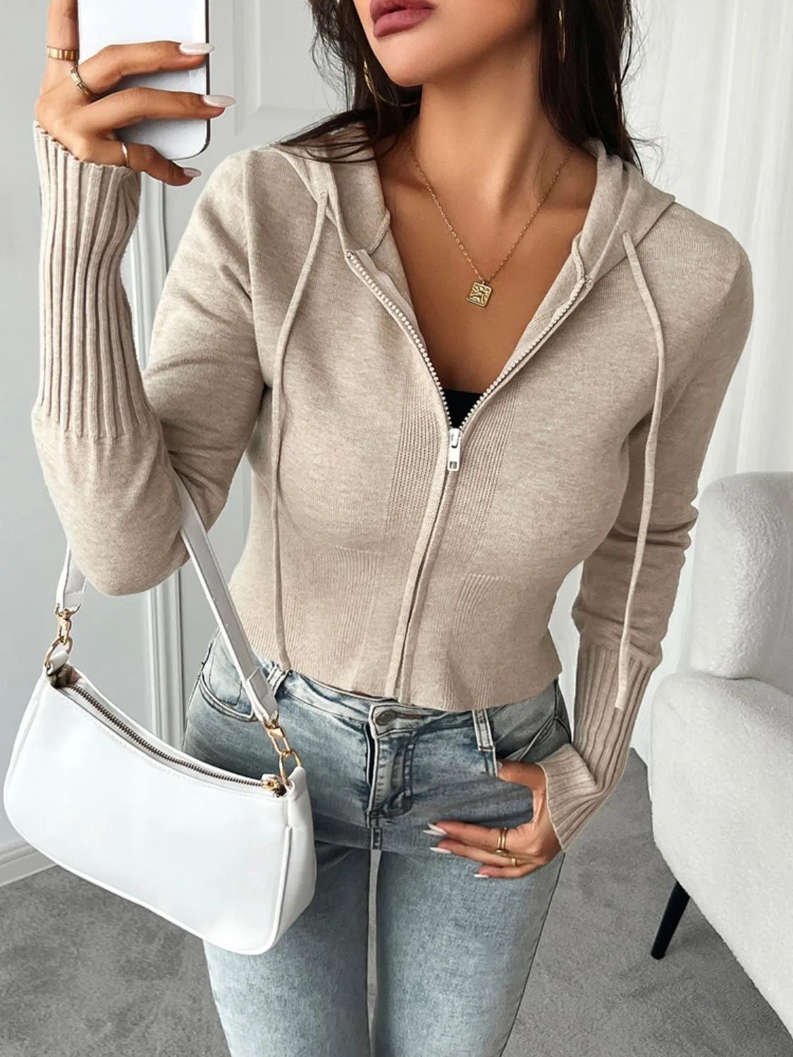 Hazel Blues® |  Devine Drawstring Zip Up Hooded Cardigan
