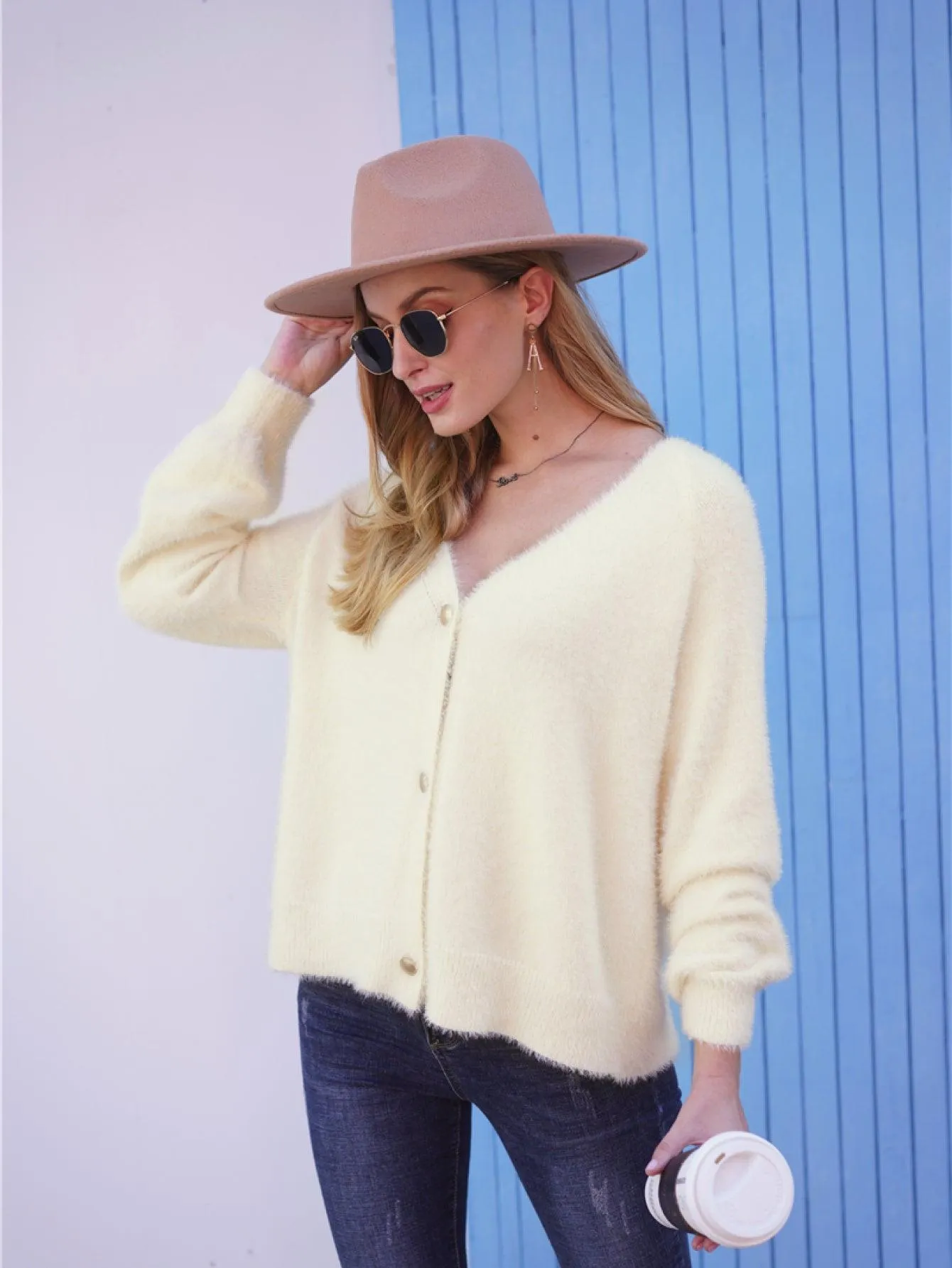 Hazel Blues® |  Fuzzy Long Sleeve Button Down Cardigan