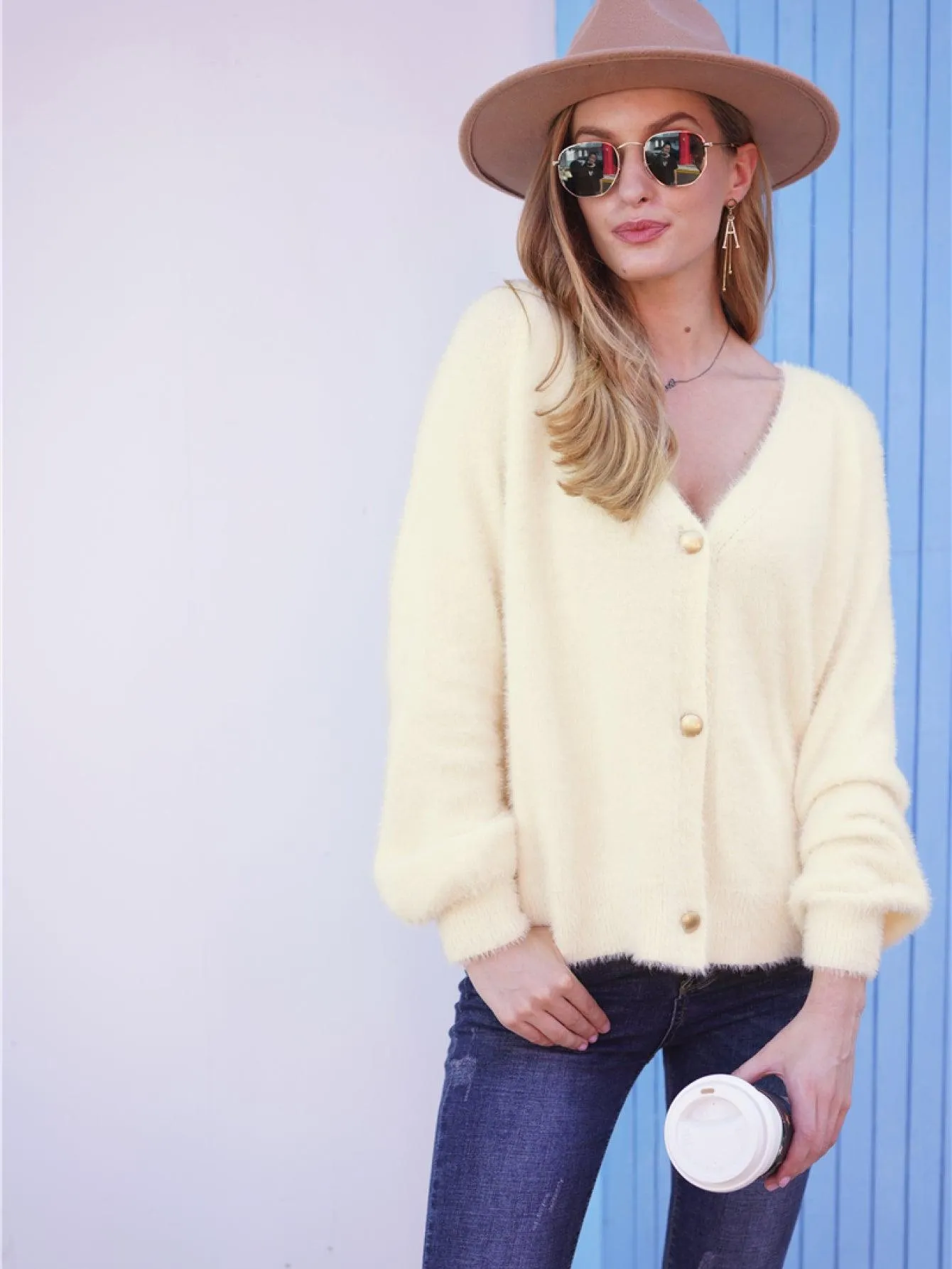 Hazel Blues® |  Fuzzy Long Sleeve Button Down Cardigan
