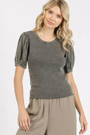 Hazel Blues® |  Mittoshop Mineral Wash Puff Sleeve Rib Knit Top