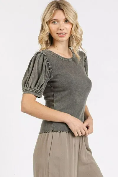 Hazel Blues® |  Mittoshop Mineral Wash Puff Sleeve Rib Knit Top