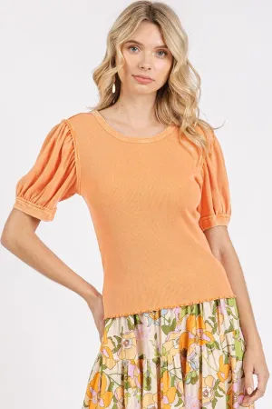 Hazel Blues® |  Mittoshop Mineral Wash Puff Sleeve Rib Knit Top