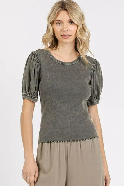 Hazel Blues® |  Mittoshop Mineral Wash Puff Sleeve Rib Knit Top