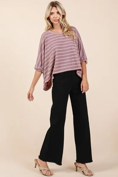 Hazel Blues® |  Mittoshop Texture Striped Print Round Neck Dolman Sleeve Top