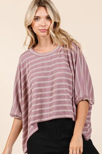 Hazel Blues® |  Mittoshop Texture Striped Print Round Neck Dolman Sleeve Top