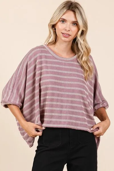 Hazel Blues® |  Mittoshop Texture Striped Print Round Neck Dolman Sleeve Top