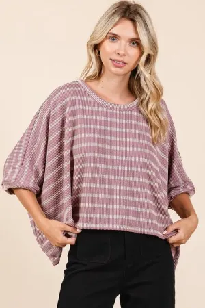 Hazel Blues® |  Mittoshop Texture Striped Print Round Neck Dolman Sleeve Top