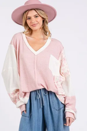 Hazel Blues® |  SAGE   FIG Floral Long Sleeve V-Neck Waffle Knit Top