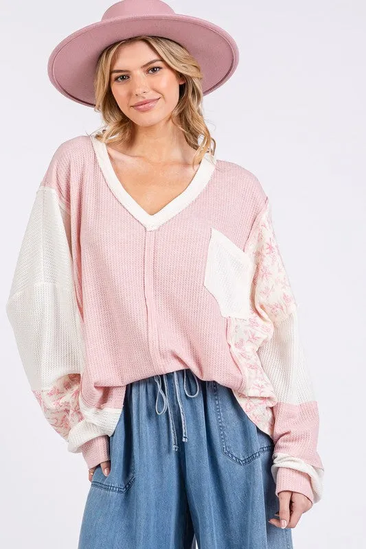 Hazel Blues® |  SAGE   FIG Floral Long Sleeve V-Neck Waffle Knit Top