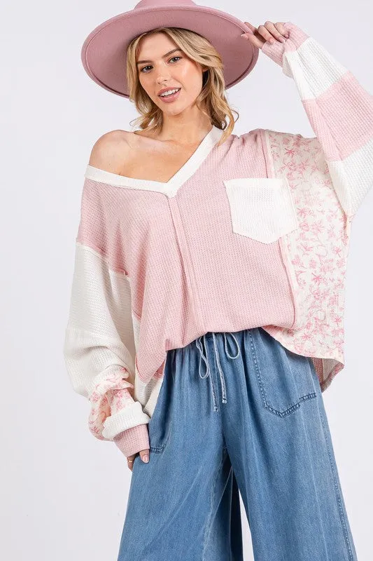 Hazel Blues® |  SAGE   FIG Floral Long Sleeve V-Neck Waffle Knit Top