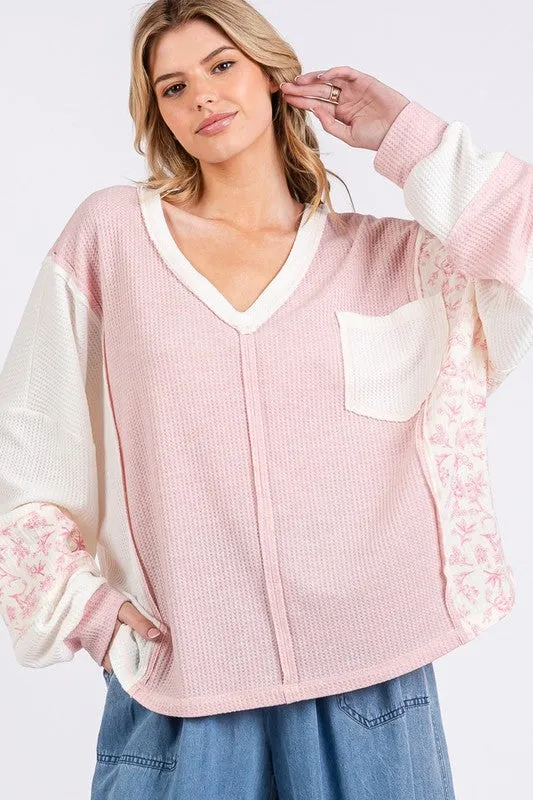 Hazel Blues® |  SAGE   FIG Floral Long Sleeve V-Neck Waffle Knit Top