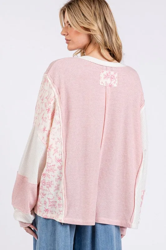 Hazel Blues® |  SAGE   FIG Floral Long Sleeve V-Neck Waffle Knit Top