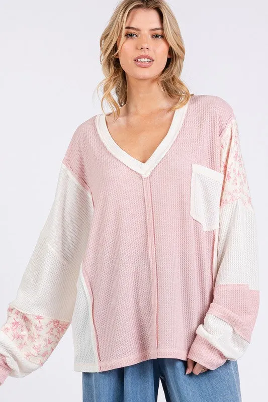 Hazel Blues® |  SAGE   FIG Floral Long Sleeve V-Neck Waffle Knit Top