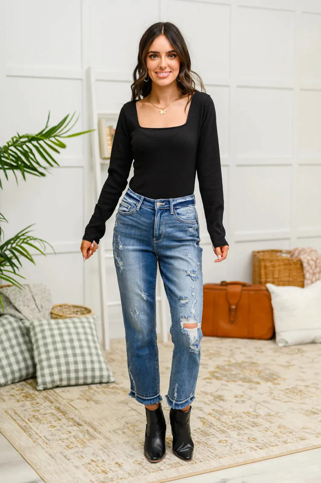Hazel Blues® | The Trisha Textured Square Neck Bodysuit in Black