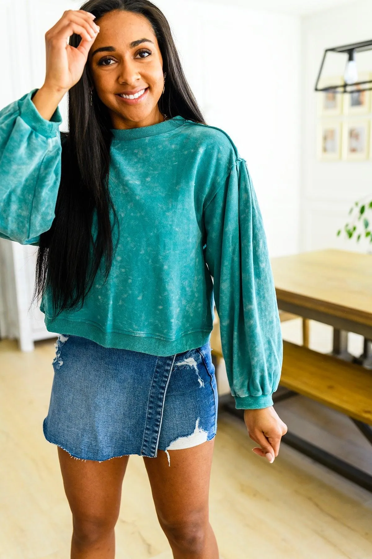 Hazel Blues® |  Tied Up In Cuteness Mineral Wash Sweater in Teal