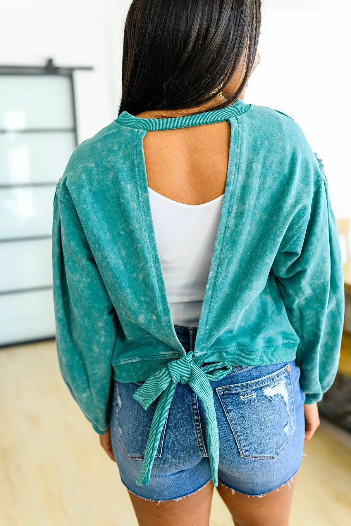 Hazel Blues® |  Tied Up In Cuteness Mineral Wash Sweater in Teal