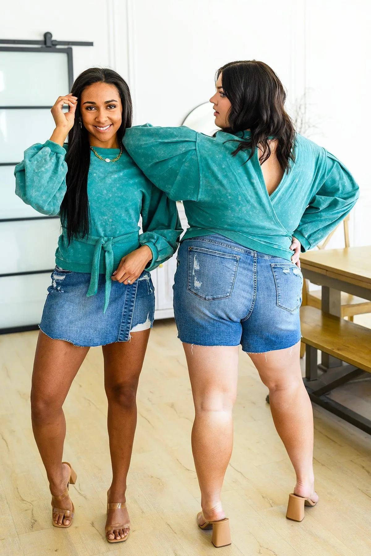 Hazel Blues® |  Tied Up In Cuteness Mineral Wash Sweater in Teal