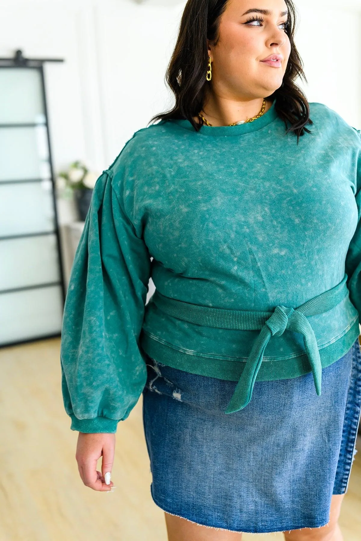 Hazel Blues® |  Tied Up In Cuteness Mineral Wash Sweater in Teal