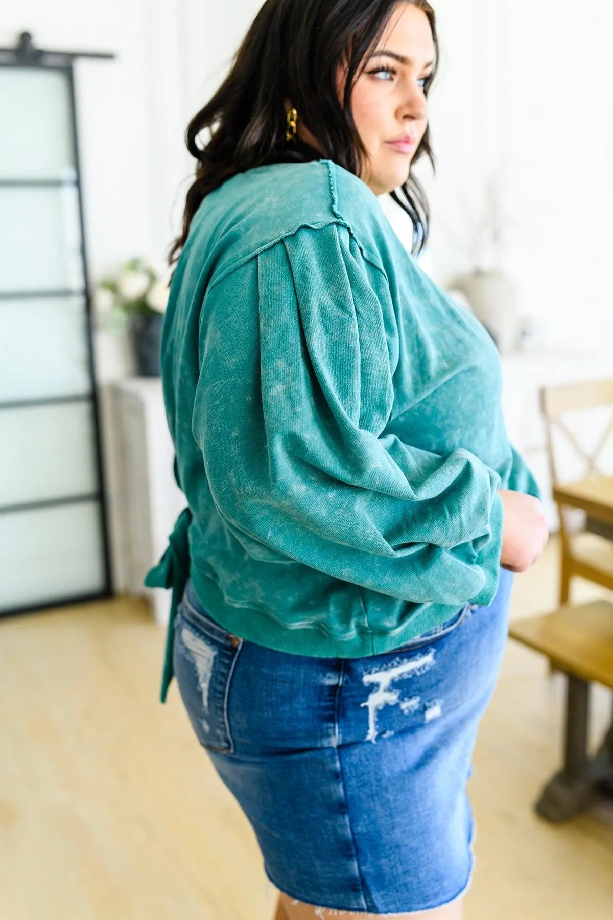 Hazel Blues® |  Tied Up In Cuteness Mineral Wash Sweater in Teal