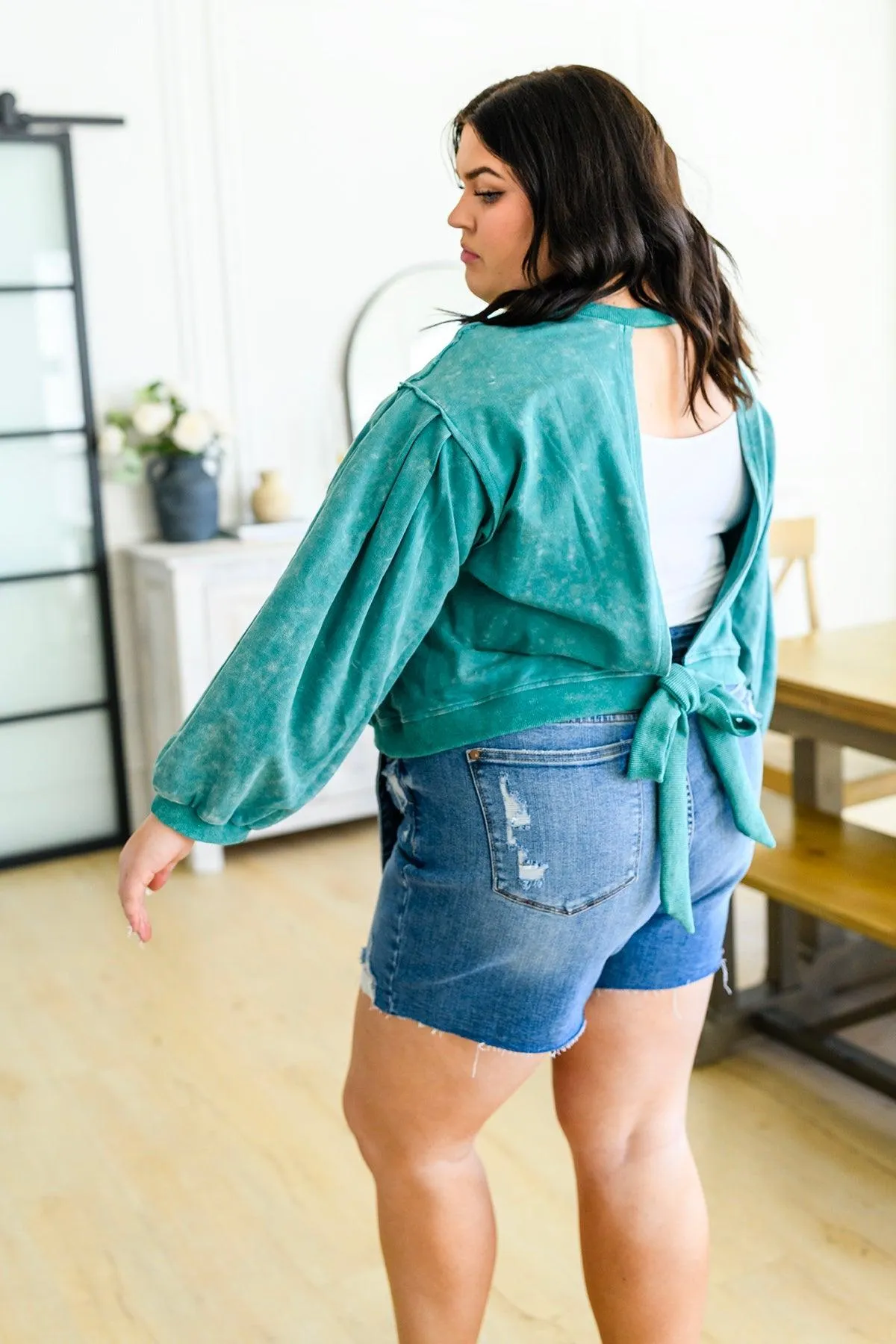 Hazel Blues® |  Tied Up In Cuteness Mineral Wash Sweater in Teal