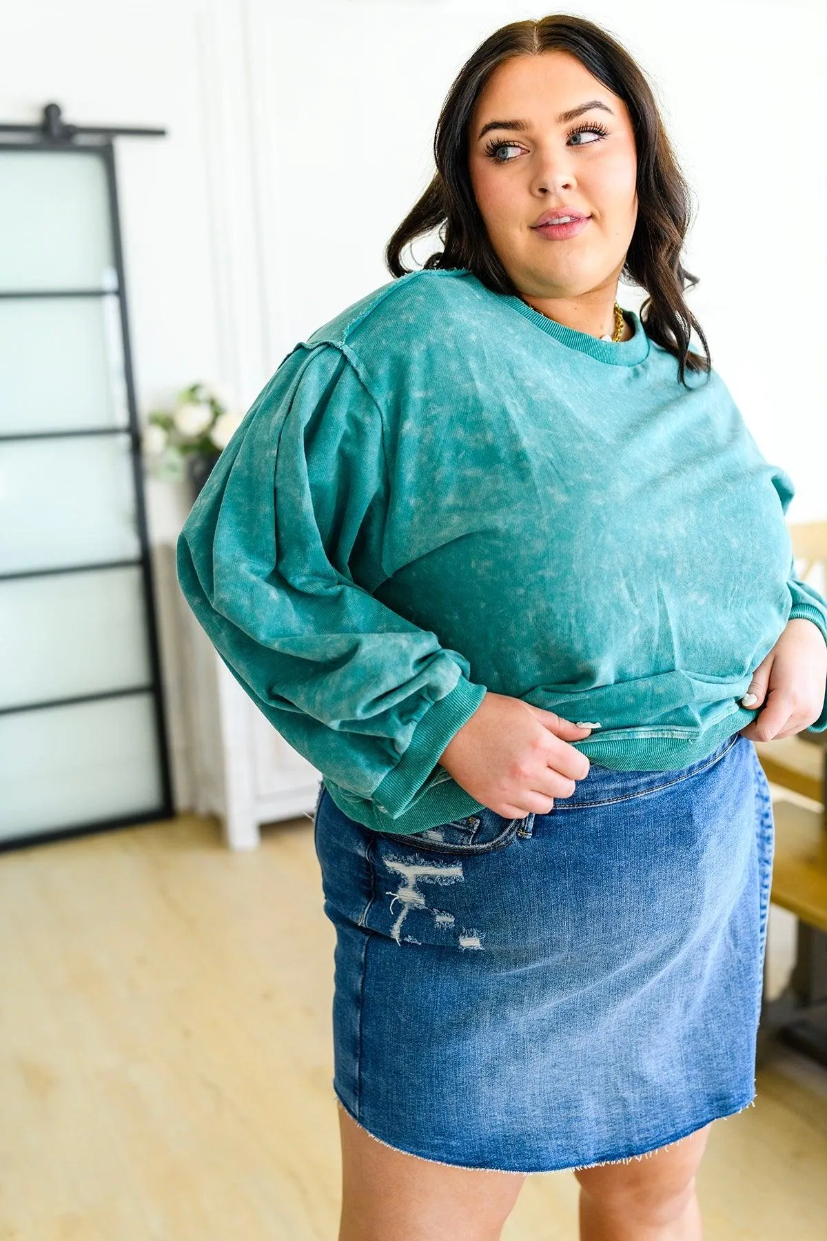Hazel Blues® |  Tied Up In Cuteness Mineral Wash Sweater in Teal
