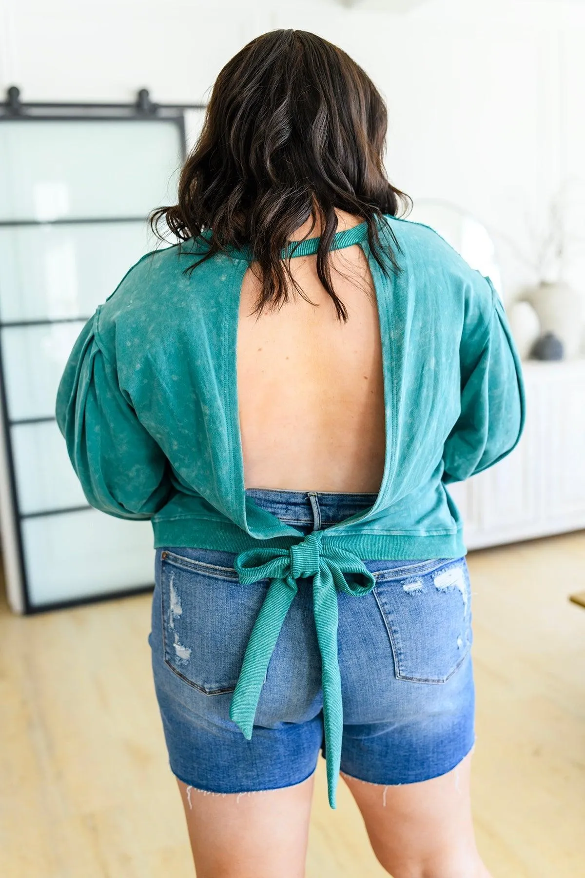 Hazel Blues® |  Tied Up In Cuteness Mineral Wash Sweater in Teal