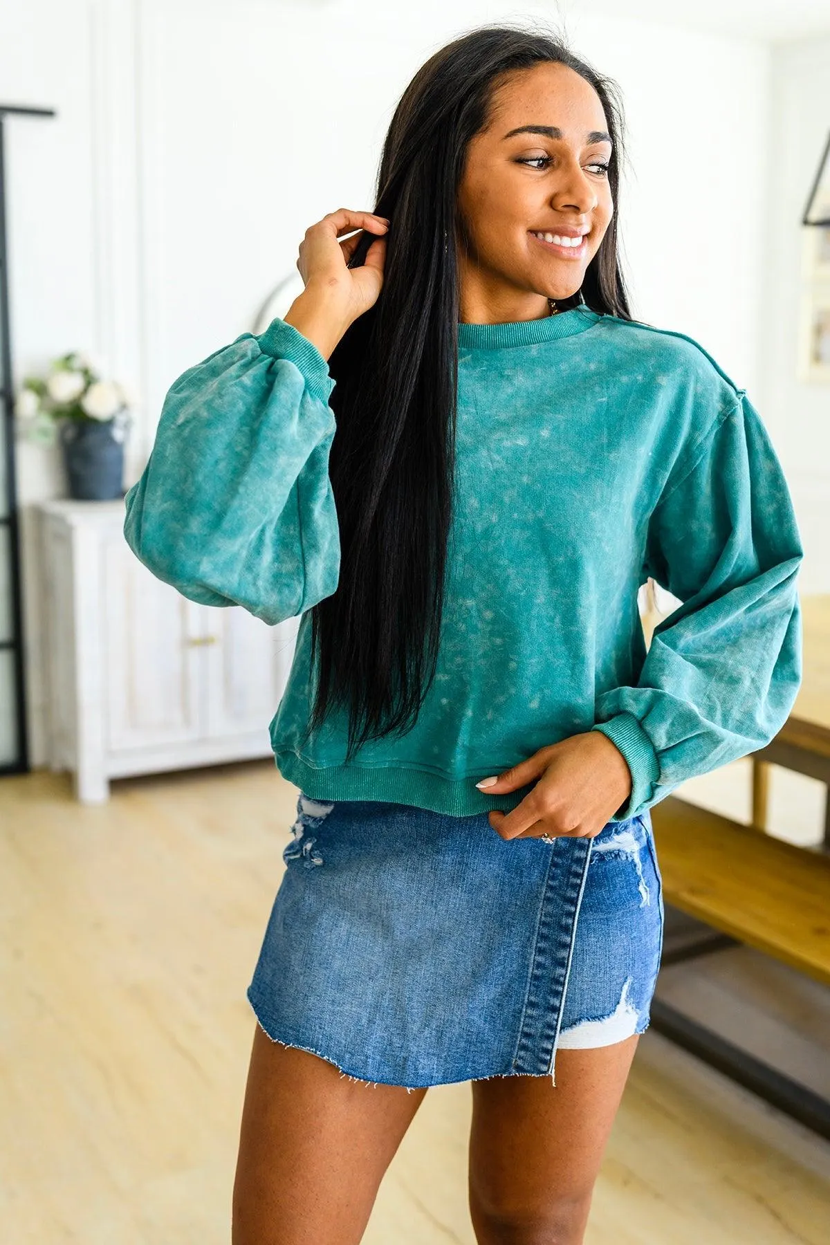 Hazel Blues® |  Tied Up In Cuteness Mineral Wash Sweater in Teal