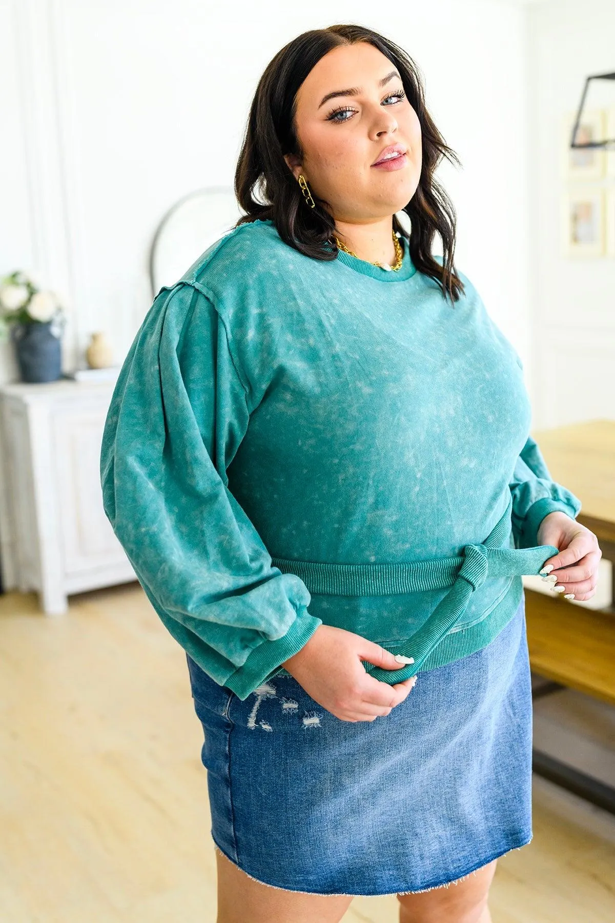 Hazel Blues® |  Tied Up In Cuteness Mineral Wash Sweater in Teal