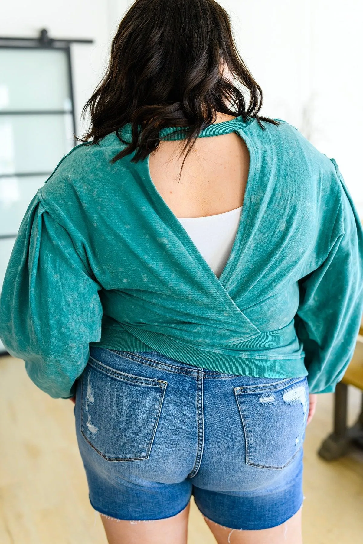 Hazel Blues® |  Tied Up In Cuteness Mineral Wash Sweater in Teal