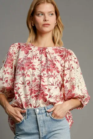 Hazel Blues® |  Umgee Floral Pleated Detail Lace Trim Sleeve Blouse