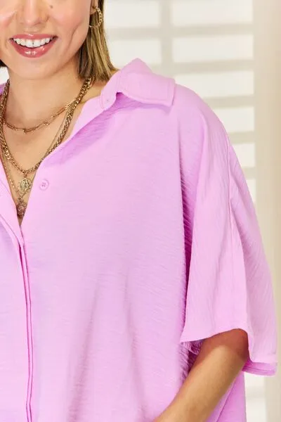 Hazel Blues® |  Zenana Texture Button Up Short Sleeve High-Low Shirt