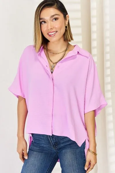 Hazel Blues® |  Zenana Texture Button Up Short Sleeve High-Low Shirt