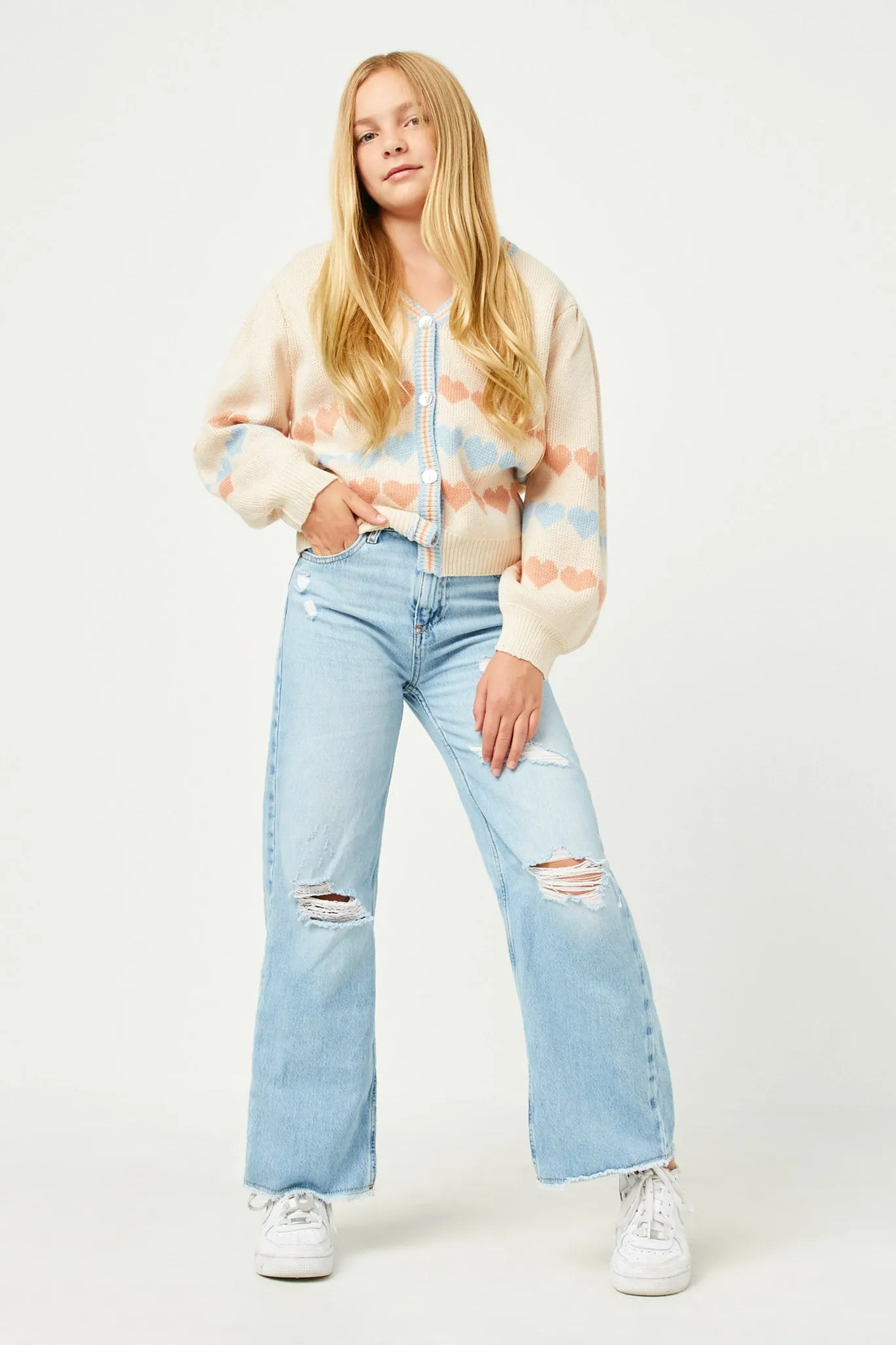 Heart Striped Buttoned Sweater Cardigan