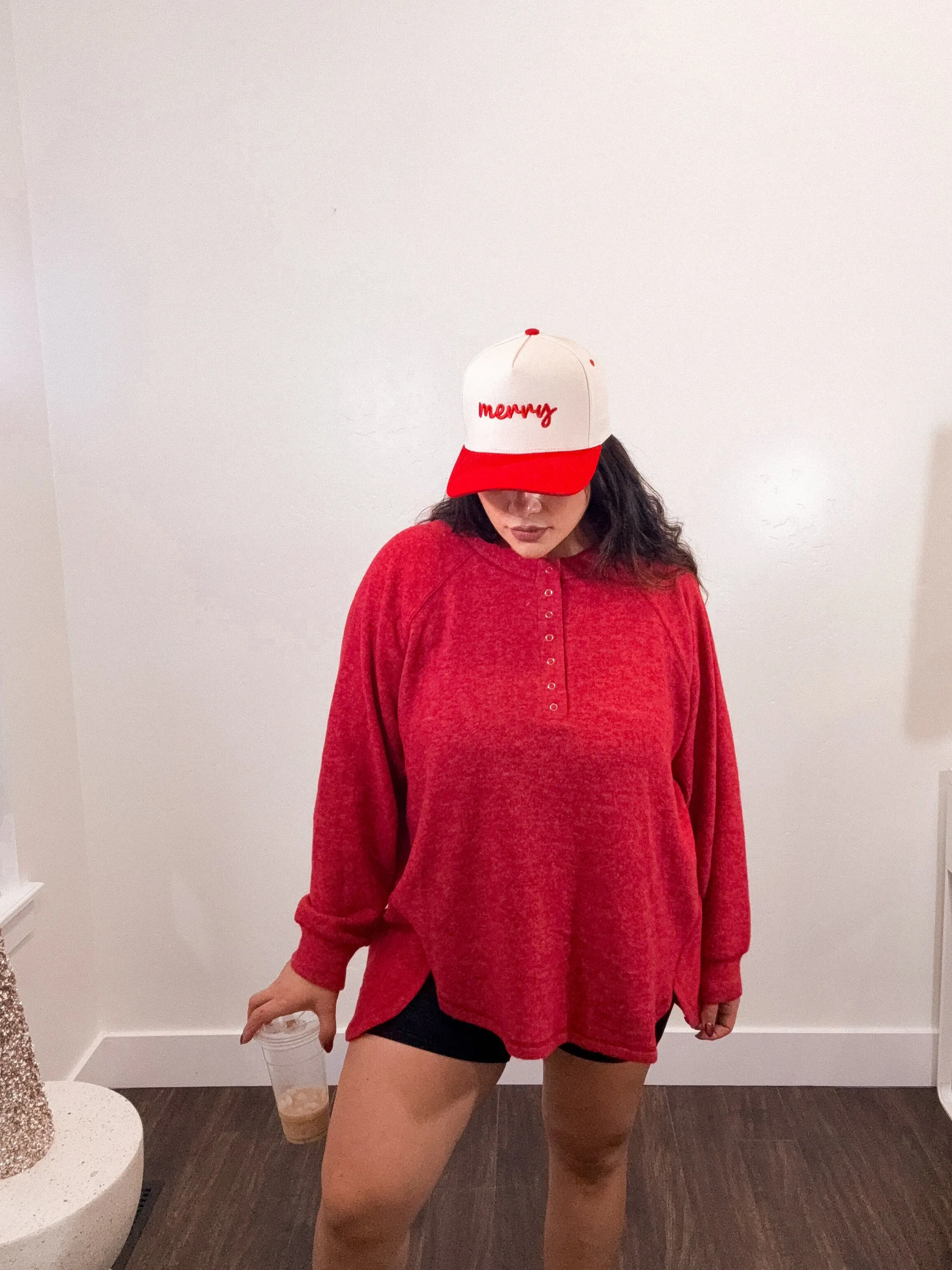 Henley extra soft Pullover Oversized Sweater *RED*