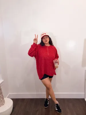 Henley extra soft Pullover Oversized Sweater *RED*
