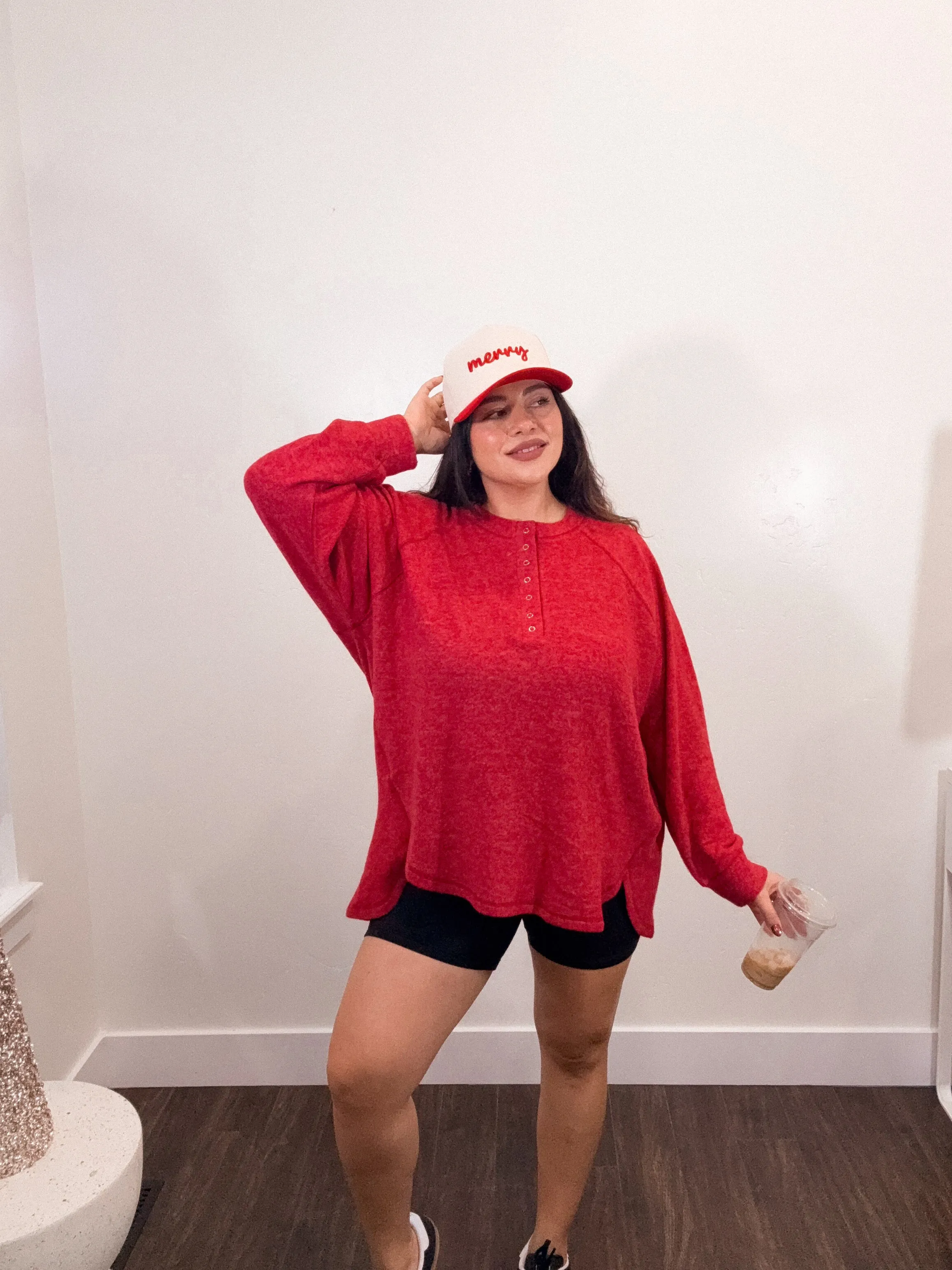 Henley extra soft Pullover Oversized Sweater *RED*
