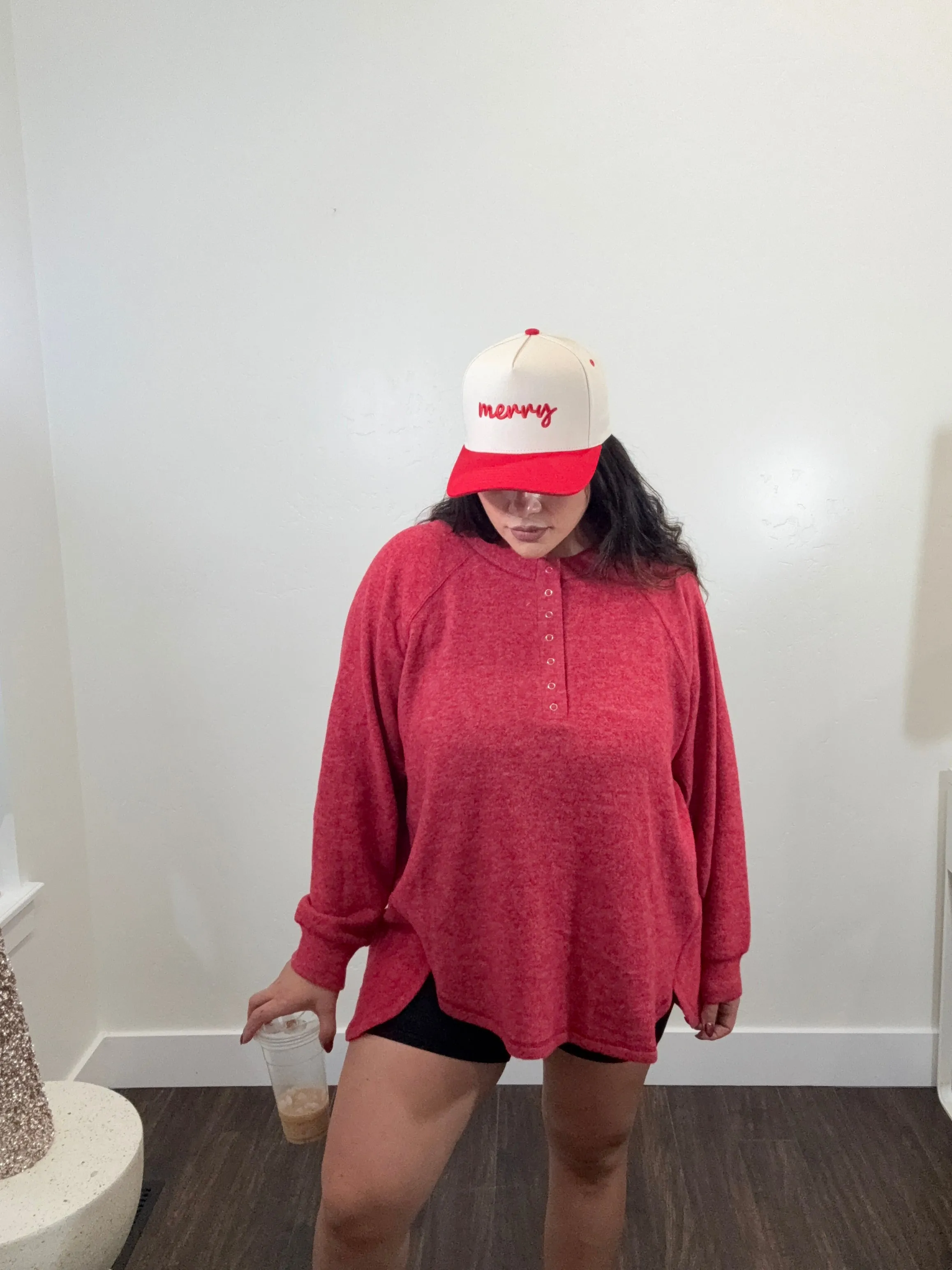 Henley extra soft Pullover Oversized Sweater *RED*